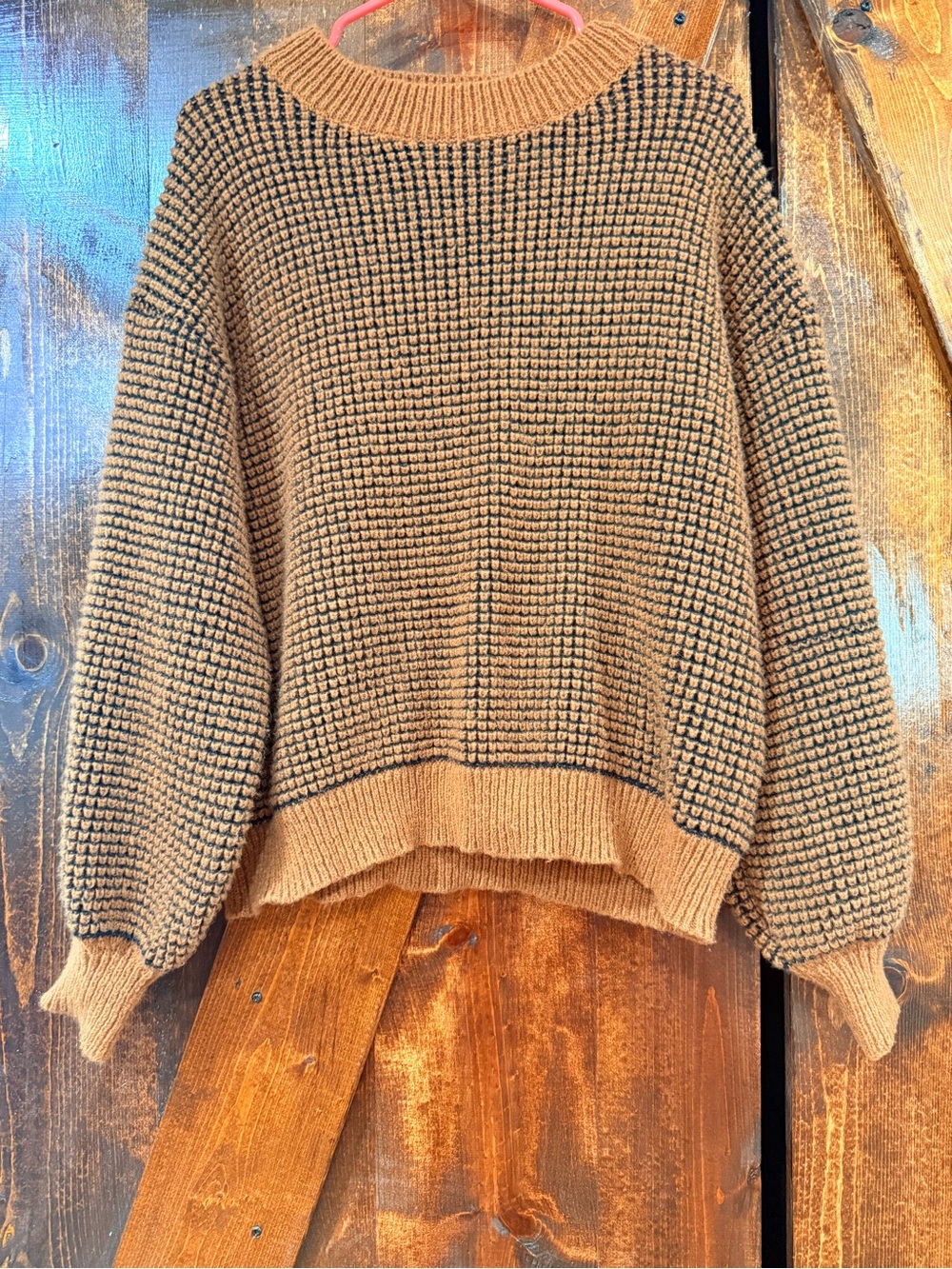 Women's Two-Tone Waffle Crewneck Sweater - Camel/Black